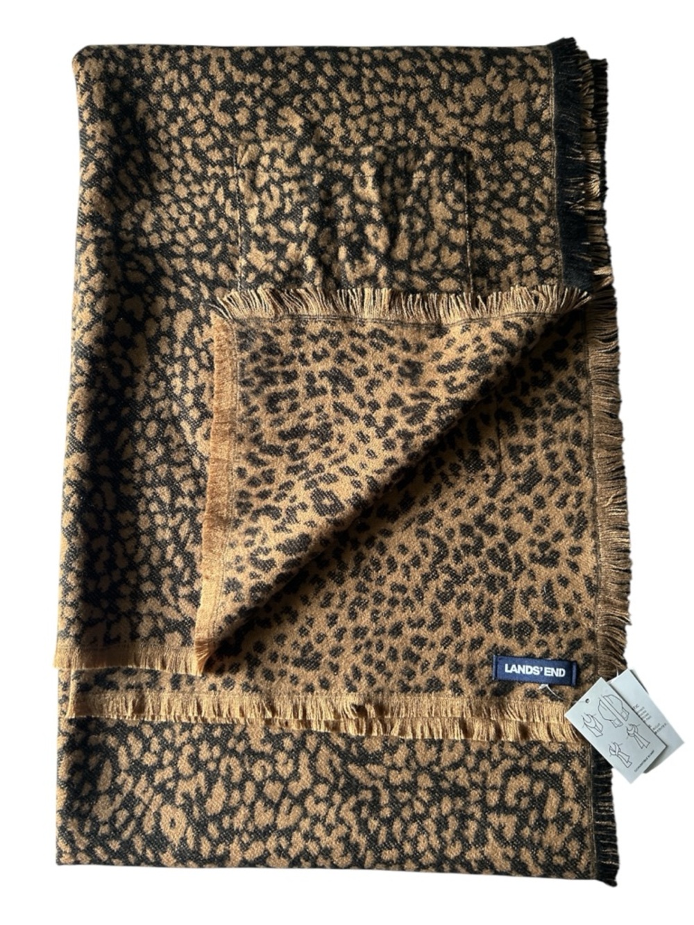 Lands' End Brown & Black Leopard Print Convertable Shawl Scarf With Fringe Edges